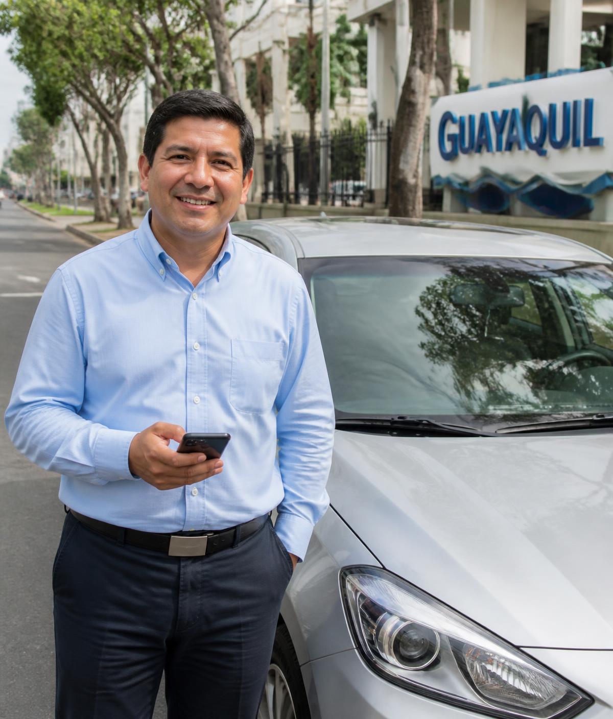 Conductor afiliado a TransporVIP junto a su vehículo en Guayaquil