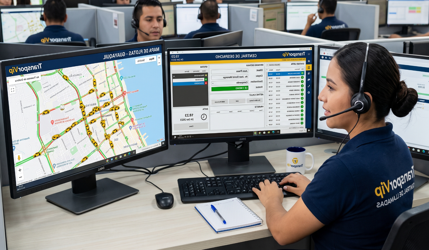Ejecutiva de call center de TransporVIP atendiendo una llamada
