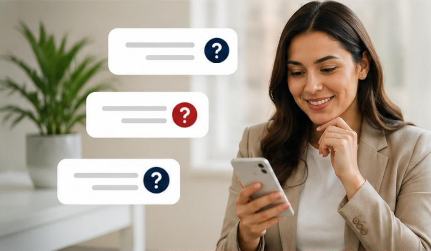 Mujer consultando preguntas frecuentes desde su celular